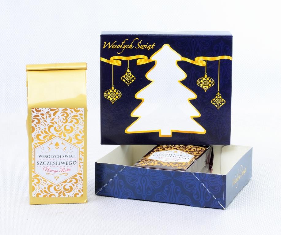 PUDEŁKO ŚWIĄTECZNE GRANATOWE CHOINKA 135 X 115 X 34 mm